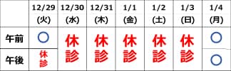 年末年始の休診日のお知らせ